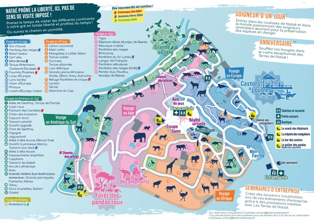 plan les terres de natae avec animaux, zoo de Pont Scorff brochure PDF