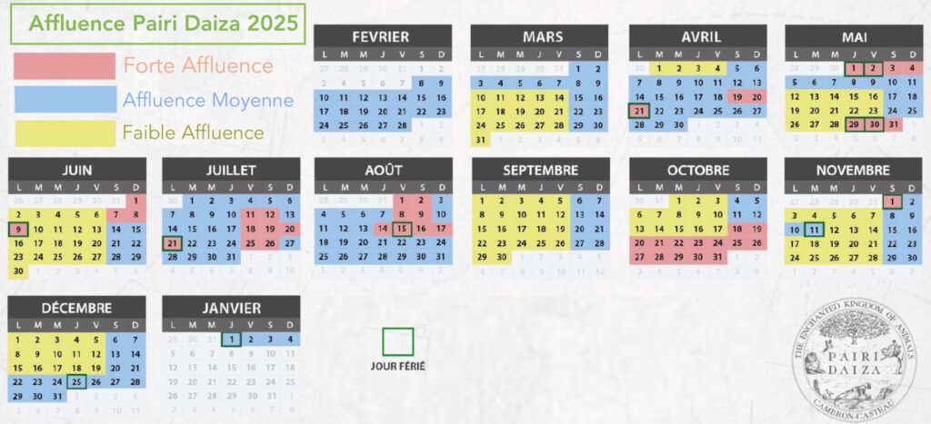 Affluenc ePairi Daiza : calendrier de la fréquentation journaliere prévue en 2025